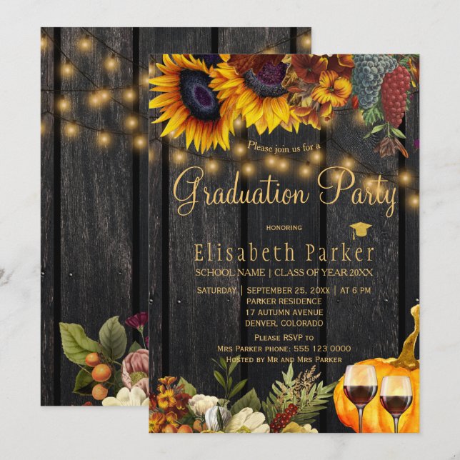 Autumn fall rustic floral wood graduation party invitation (Front/Back)