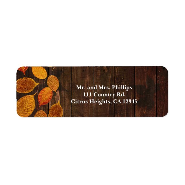 Autumn Fall Rustic Golden Leaves on Wood Wedding Label (Front)