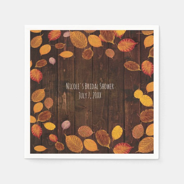 Autumn Fall Rustic Golden Leaves on Wood Wedding Napkins (Front)