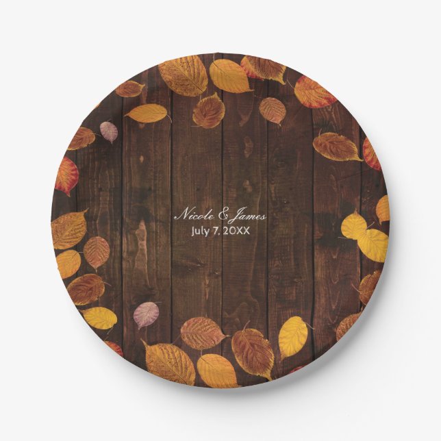 Autumn Fall Rustic Golden Leaves on Wood Wedding Paper Plates (Front)