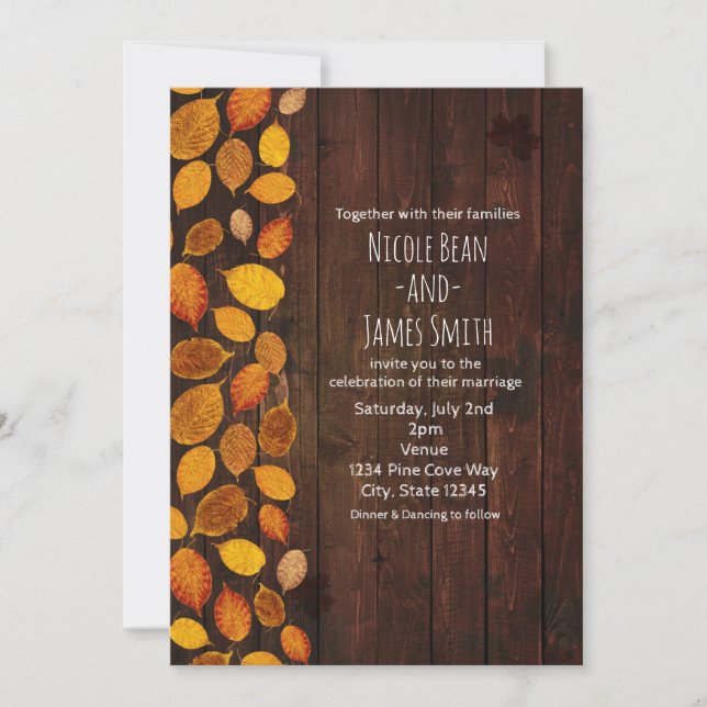 Autumn Fall Rustic Golden Leaves & Wood Wedding Invitation (Front)