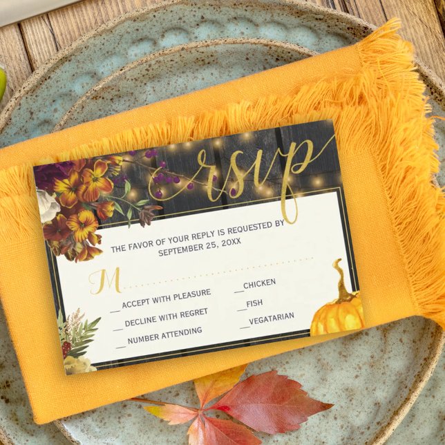 Autumn fall rustic harvest barn wood wedding RSVP  Card (Creator Uploaded)