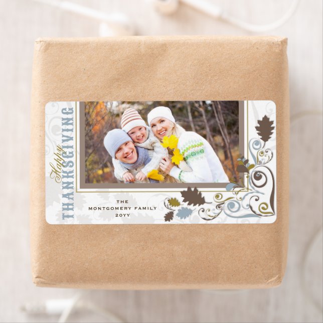 Autumn Fall Rustic Leaves Happy Thanksgiving Photo Label (Insitu)
