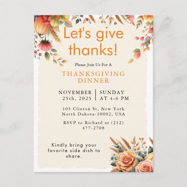 Autumn Fall Rustic Pumpkin Thanksgiving Invitation (Front)