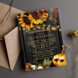 Autumn fall rustic sunflower wood housewarming bbq invitation