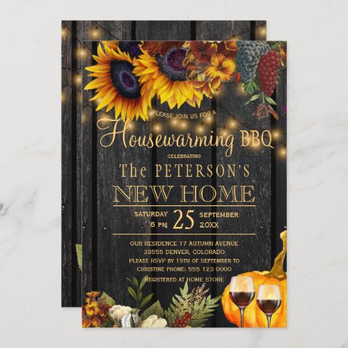 Autumn fall rustic sunflower wood housewarming bbq invitation