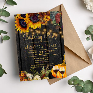 Autumn fall rustic wood sunflowers birthday party invitation