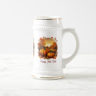 Autumn Fall Season's Pumpkin and Landscape Motif Beer Stein