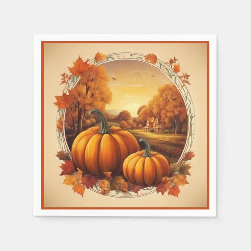 Autumn Fall Seasons Pumpkin and Landscape Motif  Napkins