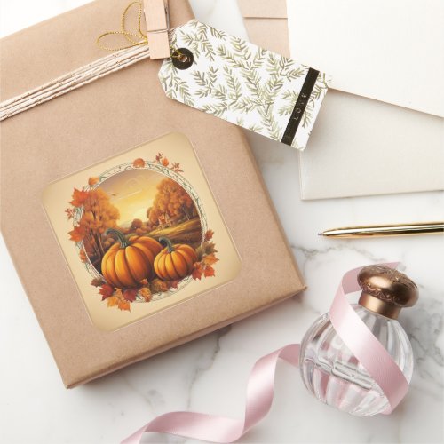 Autumn Fall Seasons Pumpkin and Landscape Motif  Square Sticker