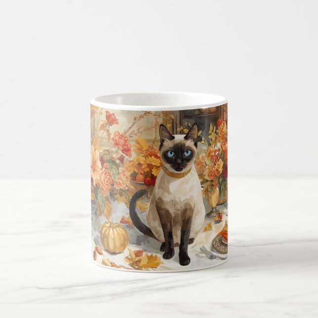 Autumn Fall Siamese Cat at dinner table Coffee Mug (Center)