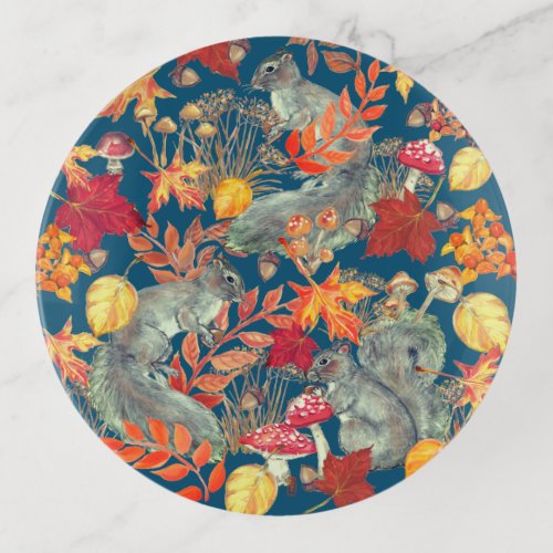 Autumn Fall Squirrel Leaves Mushroom Acorn Navy Trinket Tray