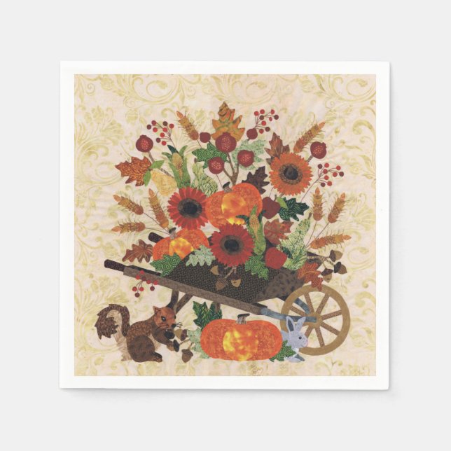 Autumn Fall Squirrel Rustic Elegant Floral Paper Napkins (Front)