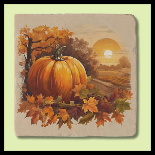 Autumn Fall Sunset Scene with Pumpkin Trivet
