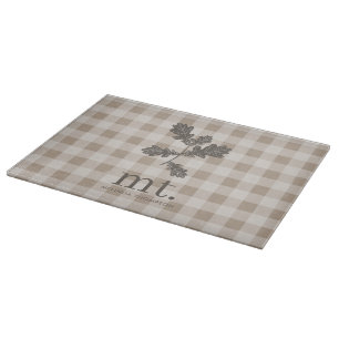 Autumn Fall Taupe Plaid Modern Foliage Monogram Cutting Board