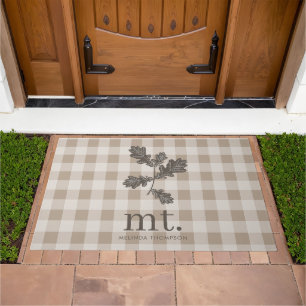 Autumn Fall Taupe Plaid Modern Foliage Monogram Doormat