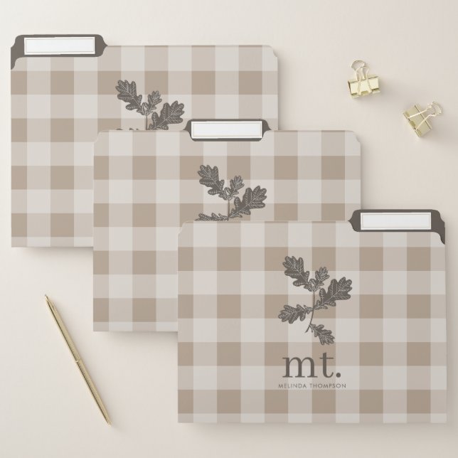 Autumn Fall Taupe Plaid Modern Foliage Monogram File Folder (Set)