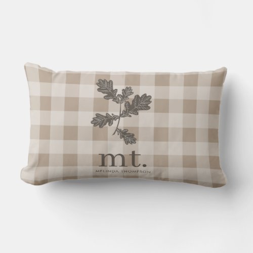 Autumn Fall Taupe Plaid Modern Foliage Monogram Lumbar Pillow