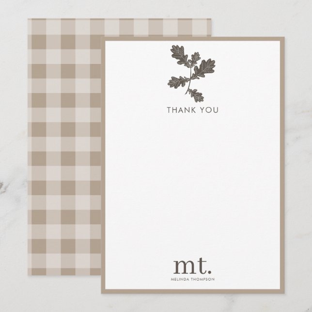 Autumn Fall Taupe Plaid Modern Foliage Monogram Thank You Card (Front/Back)