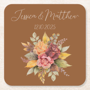 Autumn Fall Terracotta Rustic Watercolor Wedding Square Paper Coaster