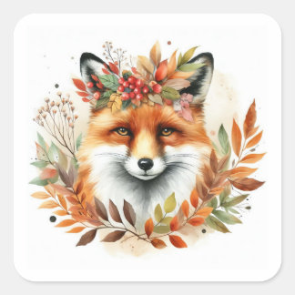 Autumn Fall Themed Cute Fox Flower Birthday Square Sticker
