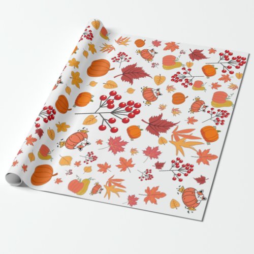 Autumn Fall themed Leaf Pumpkin Floral  Wrapping Paper
