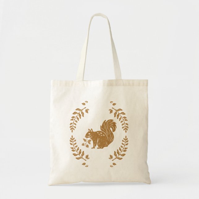 Autumn Fall Themed Stamp Style Squirrel Tote Bag (Front)