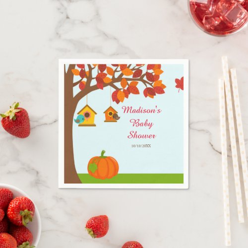 Autumn Fall Tree and Cute Birds Baby Shower Napkins