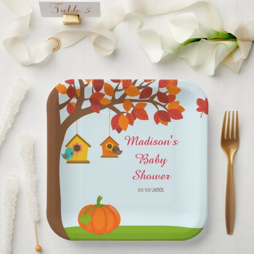 Autumn Fall Tree and Cute Birds Baby Shower Paper Plates