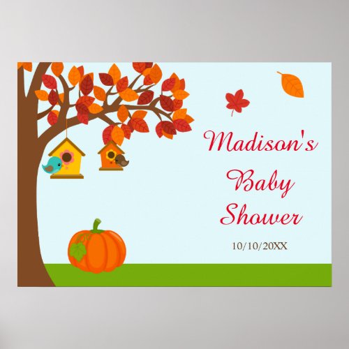 Autumn Fall Tree and Cute Birds Baby Shower Poster
