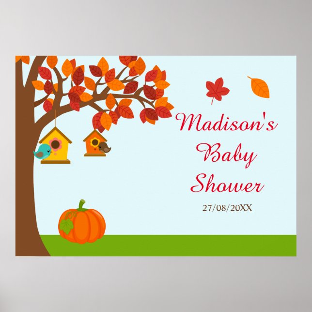 Autumn Fall Tree and Cute Birds Baby Shower Poster (Front)