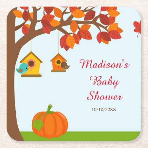 Autumn Fall Tree and Cute Birds Baby Shower Square Paper Coaster