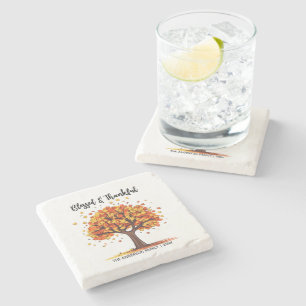Autumn Fall Tree Happy Thanksgiving Blessed Stone Coaster
