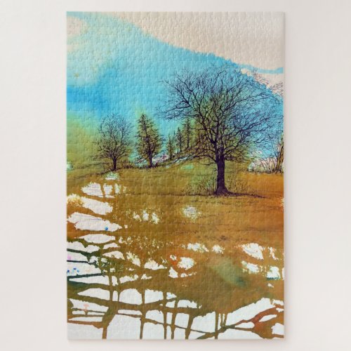 Autumn Fall Trees Abstract Ink Watercolor Jigsaw Puzzle