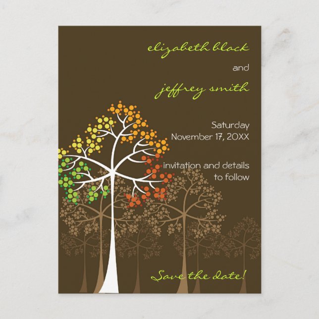 Autumn Fall Trees Woodland Wedding Save The Date Announcement Postcard (Front)