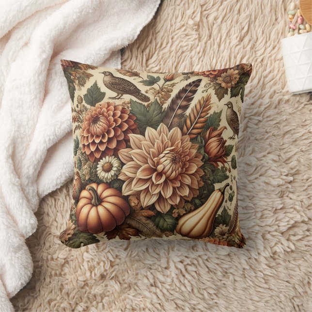 Autumn Fall Vintage Floral Pumpkin Throw Pillow (Blanket)