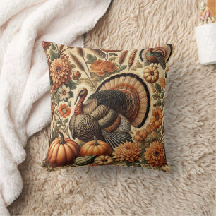 Autumn Fall Vintage Floral Pumpkin Turkey Throw Pillow