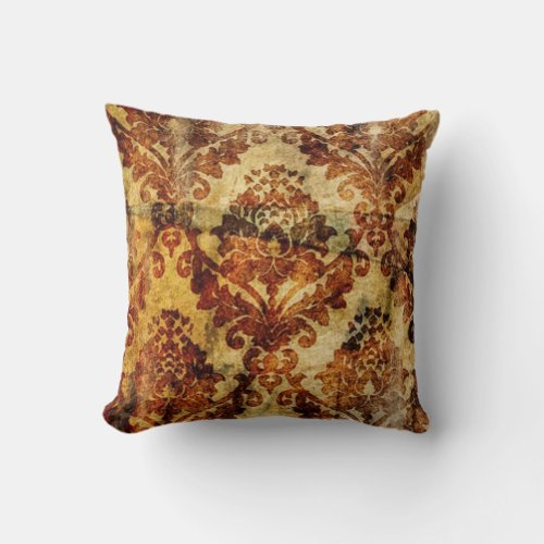 Autumn Fall Vintage Rustic Orange Brown Damask Throw Pillow