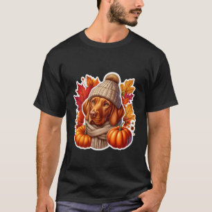 Autumn Fall Vizsla Dog Owner Lover Pumpkin Leaves  T-Shirt