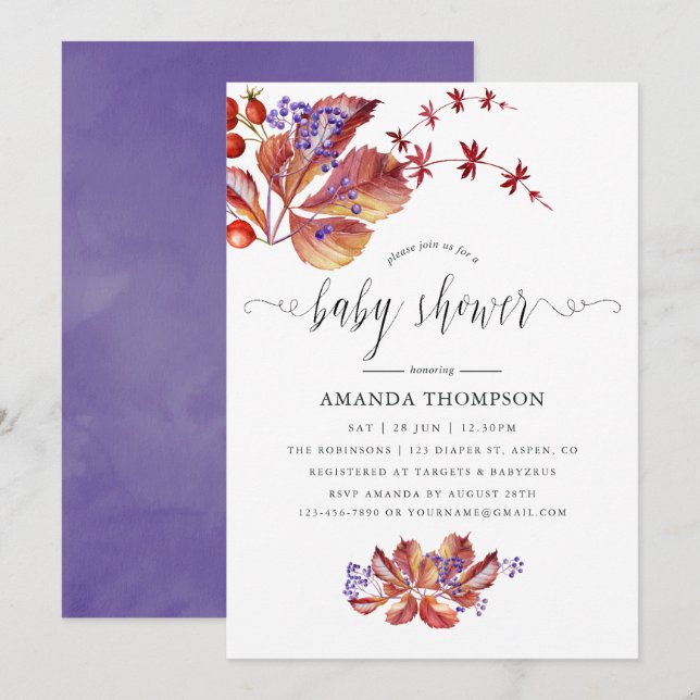 Autumn - Fall Watercolor Baby Shower Invitation (Front/Back)