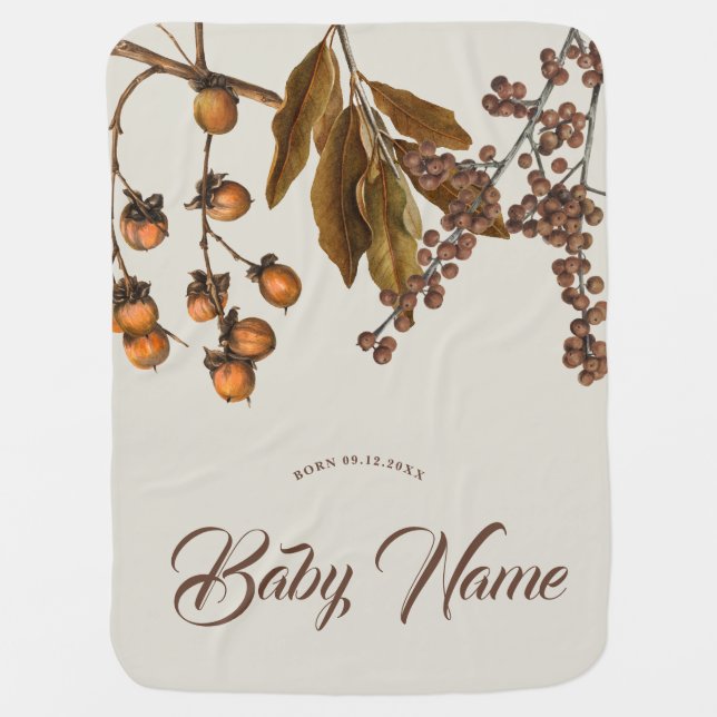 Autumn Fall Watercolor Foliage Baby Name Birth Baby Blanket (Front)