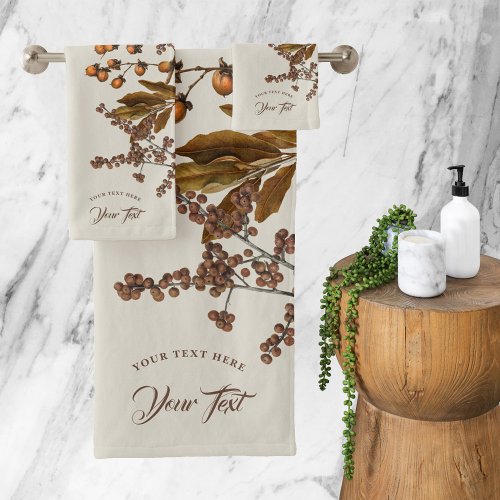 Autumn Fall Watercolor Foliage Leaves Custom Text Bath Towel Set