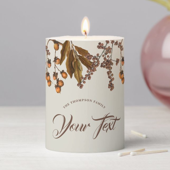 Autumn Fall Watercolor Foliage Leaves Custom Text Pillar Candle (In Situ)