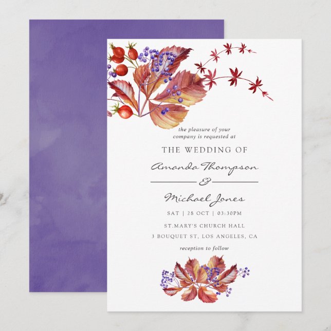 Autumn - Fall Watercolor Holiday Wedding Invitation (Front/Back)