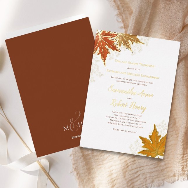 Autumn Fall Watercolor Leaves Wedding Custom Foil Invitation (Fall Autumn leaves real gold foil wedding invitation template.)