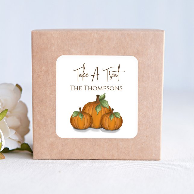 Autumn Fall Watercolor Pumpkin Harvest Treat Square Sticker (Take a treat Autumn pumpkin harvest square stickers. )