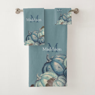 Autumn Fall Watercolor Pumpkin Rustic Dusty Blue Bath Towel Set
