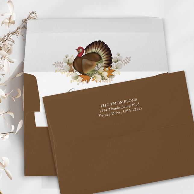 Autumn Fall Watercolor Turkey Thanksgiving Custom Envelope (Thanksgiving holiday turkey return address envelope)