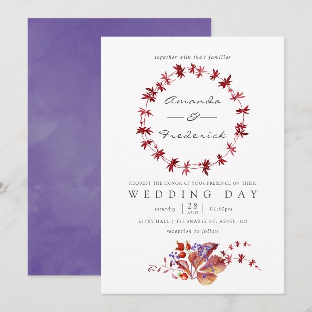 Autumn - Fall Watercolor Wedding Invitation (Front/Back)