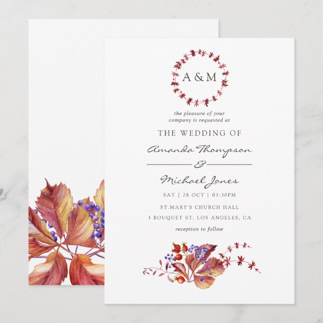 Autumn - Fall Watercolor Wedding Invitation (Front/Back)